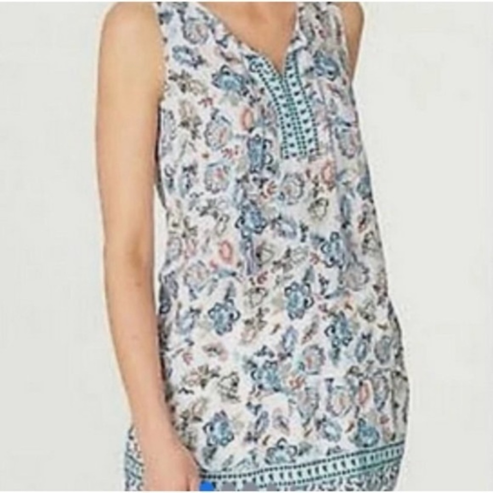 J Jill Women's Blue White Floral Sleeveless Tunic Tank Top EUC L #1008